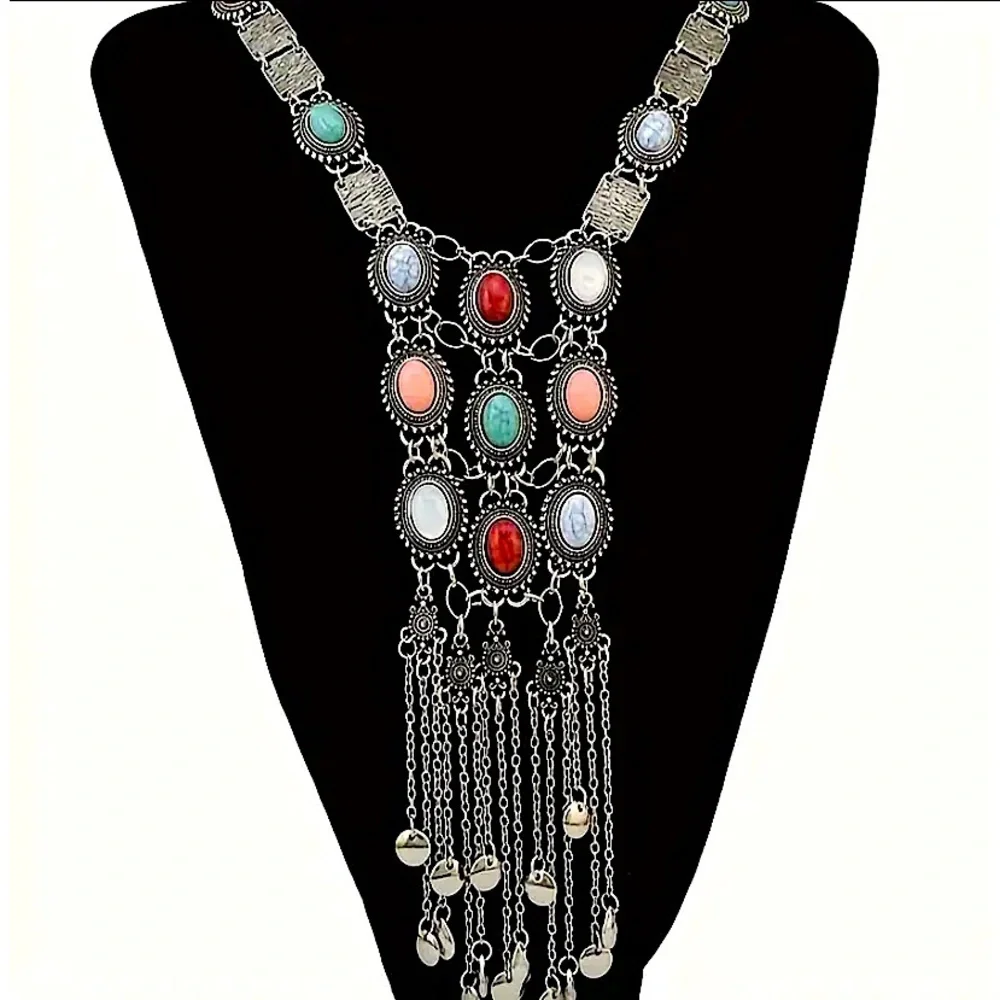Silver Stone Chain Necklace Boho Tribal Hippie